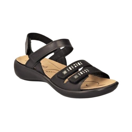 Josef Seibel Ibiza 86 Sandal in black with orthotic-friendly design, adjustable straps, and decorative metal accents.