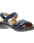 Navy Josef Seibel Ibiza sandal with adjustable straps, decorative metal accents, and a removable footbed.