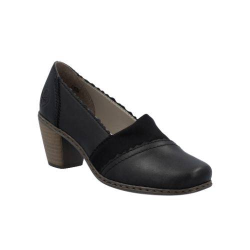 Black leather Rieker stacked heel with accent suede across instep, squared toe and ridged edge finish.