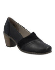 Black leather Rieker stacked heel with accent suede across instep, squared toe and ridged edge finish.