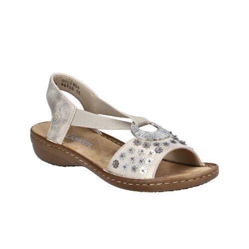 Rieker gold sling back sandal with circle medallion on top of floral sequined toe strap and a beige footbed and brown outsole.