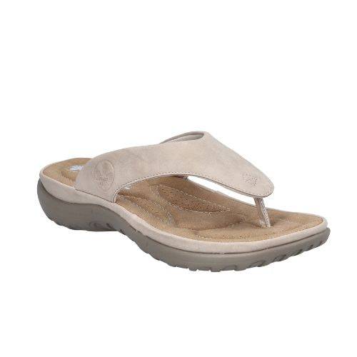 Pink toe post suede sandal with Rieker logo on side, beige footbed, pink midsole and grey outsole