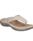 Pink toe post suede sandal with Rieker logo on side, beige footbed, pink midsole and grey outsole