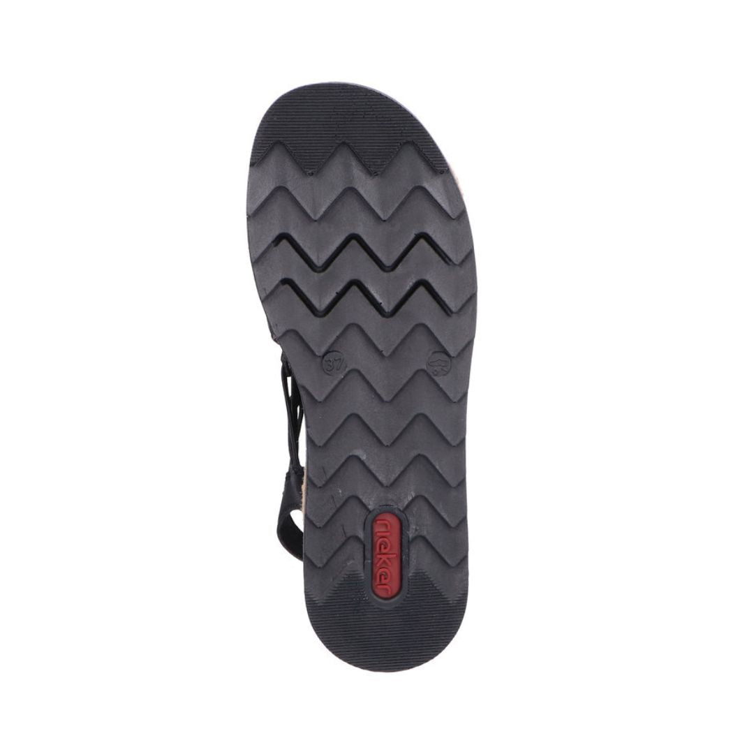 Black zig-zag treaded outsole with red Rieker logo at heel.