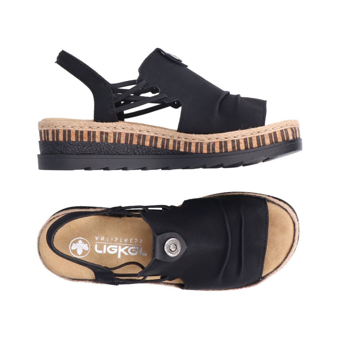 A pair of black Rieker sandals with small gathering on upper, heel strap with criss-cross design at sides, beige logo'd footbed, beige twine midsole and black rubber outsole.