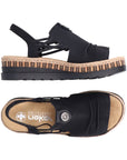 A pair of black Rieker sandals with small gathering on upper, heel strap with criss-cross design at sides, beige logo'd footbed, beige twine midsole and black rubber outsole.