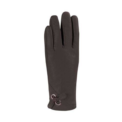 An Auclair black leather glove with angle stitching at cuff with two silver eyelets with small tied bow through them.