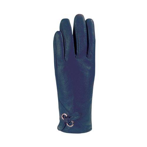 An Auclair blue leather glove with angled stitching at cuff with two silver eyelets with small tied bow through them.