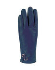 An Auclair blue leather glove with angled stitching at cuff with two silver eyelets with small tied bow through them.