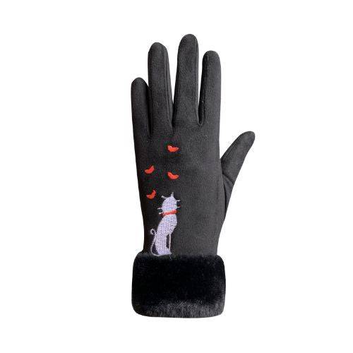 An Auclair black glove with thick black fur cuff, silver cat sitting with red collar and 4 red hearts.