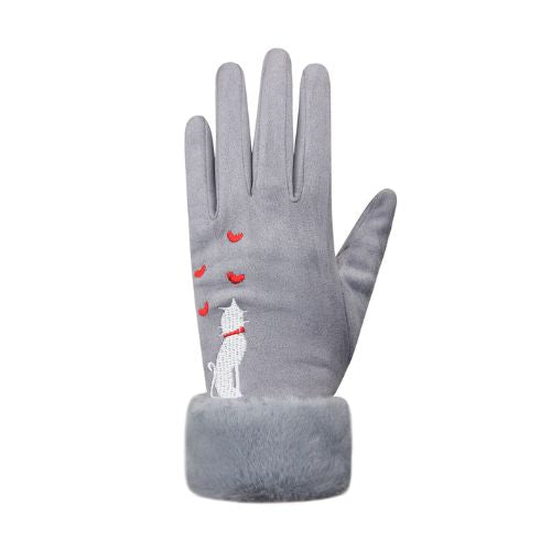 An Auclair grey glove with thick grey fur cuff, white cat sitting with red collar and 4 red hearts.