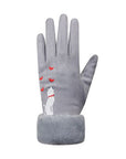 An Auclair grey glove with thick grey fur cuff, white cat sitting with red collar and 4 red hearts.