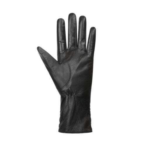 An Auclair black leather glove with elastic gathering at wrist.