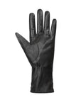 An Auclair black leather glove with elastic gathering at wrist.