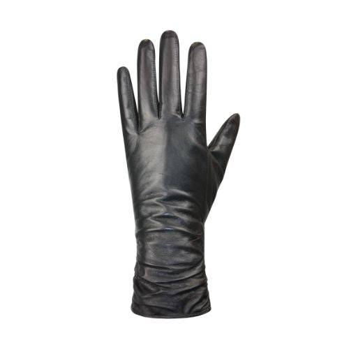 An Auclair black Leather glove with scrunchy look from the wrist to the cuff.