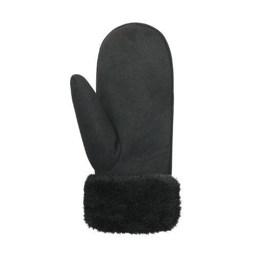 Palm of an Auclair black faux suede fingermitt with thick black fur cuff