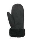 Palm of an Auclair black faux suede fingermitt with thick black fur cuff