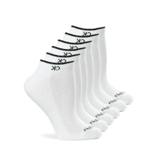 6 Calvin Klein white ankle socks with logo on toe, black trim and CK initials below trim.