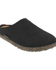 Haflinger Women's Manhattan Wool Clog in black with a boiled wool upper and cork-latex midsole for comfort and support.