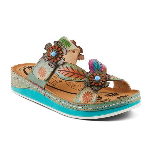 Multicoloured teal and beige slide sandal with floral covered straps. Footbed is beige, midsole is blue, outsole is white. 