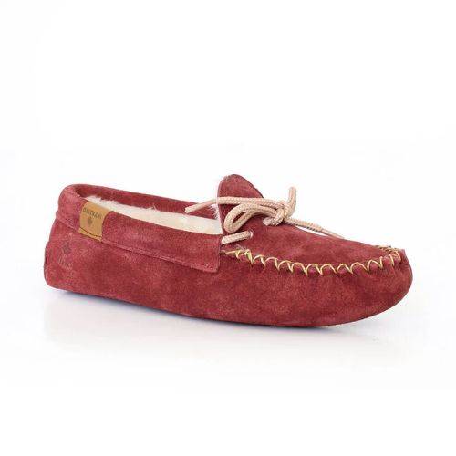 Vancouver Moccasin Slipper in Red. Red suede upper with with fuzzy lining and beige stitching. 