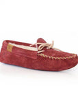 Vancouver Moccasin Slipper in Red. Red suede upper with with fuzzy lining and beige stitching. 