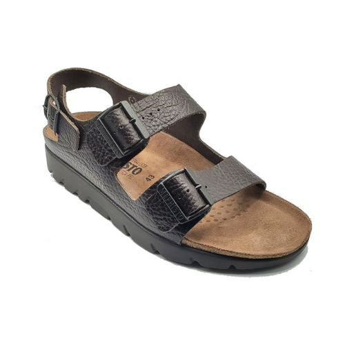 Dark brown textured leather Zeus sandal by Mephisto has 2 straps across tow with buckles and 1 around heel with a buckle