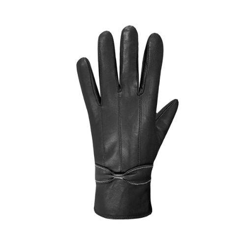 An Auclair black leather glove with vertical stitched detailing and a small black leather bow at the cuff. 