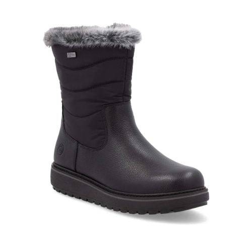 Black Remonte D0U79 ankle boot with faux fur trim and waterproof design.