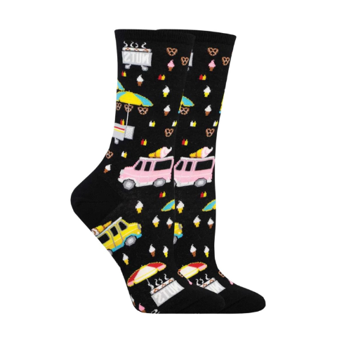 Socksmith Women's Street Food Vendor Socks featuring colorful food truck and snack designs on a black cotton crew sock. Perfect for food lovers.