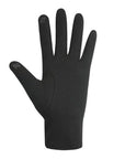 Palm of black, polyester/spandex gloves with touch screen compatible stitching on thumb and pointer finger.