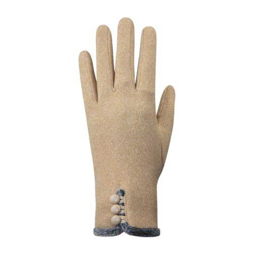 An Auclair beige fabric glove with grey fur at cuff and 3 decorative round buttons vertical at wrist.