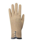 An Auclair beige fabric glove with grey fur at cuff and 3 decorative round buttons vertical at wrist.