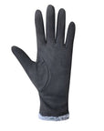 Palm of black fabric gloves with grey fur at cuff and Auclair tag by wrist