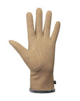 Palm of beige fabric gloves with grey fur at cuff and Auclair tag by wrist.