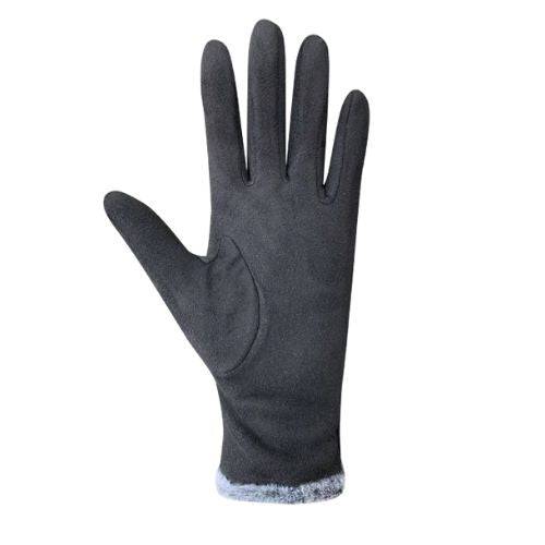 Palm of black fabric gloves with grey fur at cuff and Auclair tag by wrist