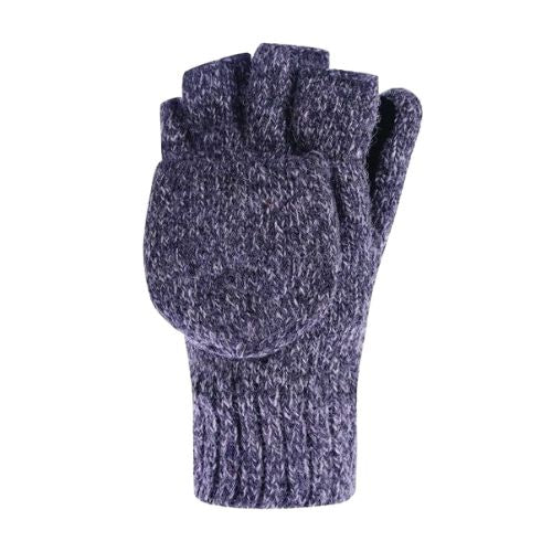 An Auclair dark silver grey wool fingerless glove with mitten flap velcroed open. 