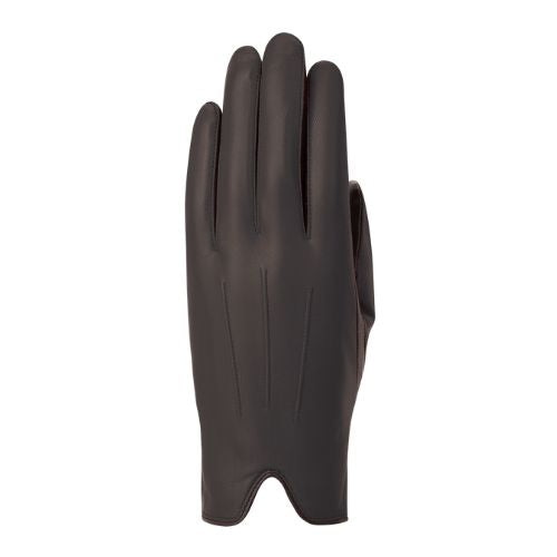 An Auclair black leather gloves with V shaped cutout at cuff. 