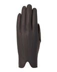 An Auclair black leather gloves with V shaped cutout at cuff. 