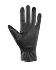 Palm of an Auclair black leather glove with simple stitching and gathering at wrist. 