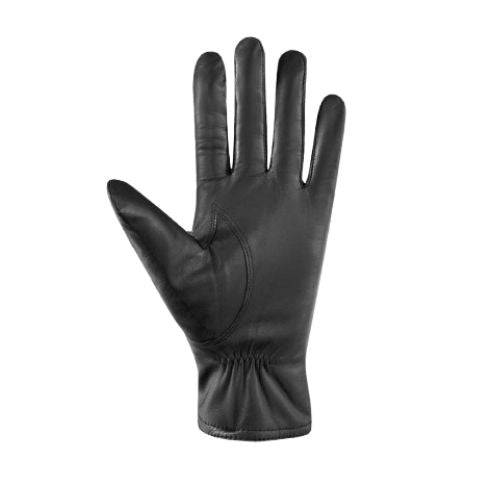 Palm of an Auclair black leather glove with simple stitching and gathering at wrist. 