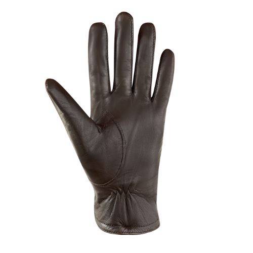 Palm of an Auclair brown leather glove with gathering at wrist.