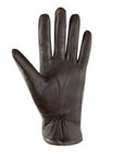 Palm of an Auclair brown leather glove with gathering at wrist.