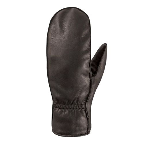 An Auclair black leather mitten with elastic at wrist.