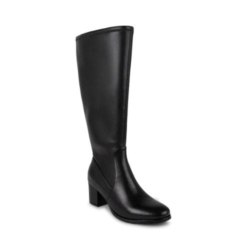 A knee height black leather boot with a square heel measuring about 2 inches