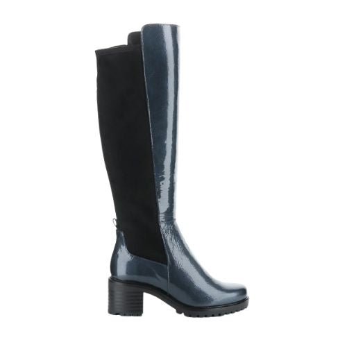 Side view of Bos & Co Idun Tall Boot showcasing a navy patent leather front, black suede back, and durable chunky heel.