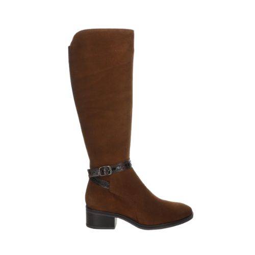 Profile of tall brown suede boot with 2" black heel. There is an cross ankle black patent crocco print strap with buckle