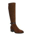 Tall brown suede boot with 2" black heel. There is an cross ankle black patent crocco print strap with buckle