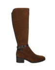 Profile of tall brown suede boot with 2" black heel. There is an cross ankle black patent crocco print strap with buckle