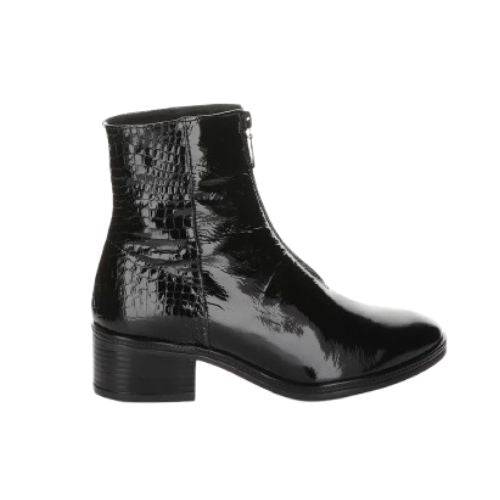 Side view of Bos & Co Jordon Zip Ankle Boot in black patent leather with croc-embossed accents, offering a sleek and waterproof design.